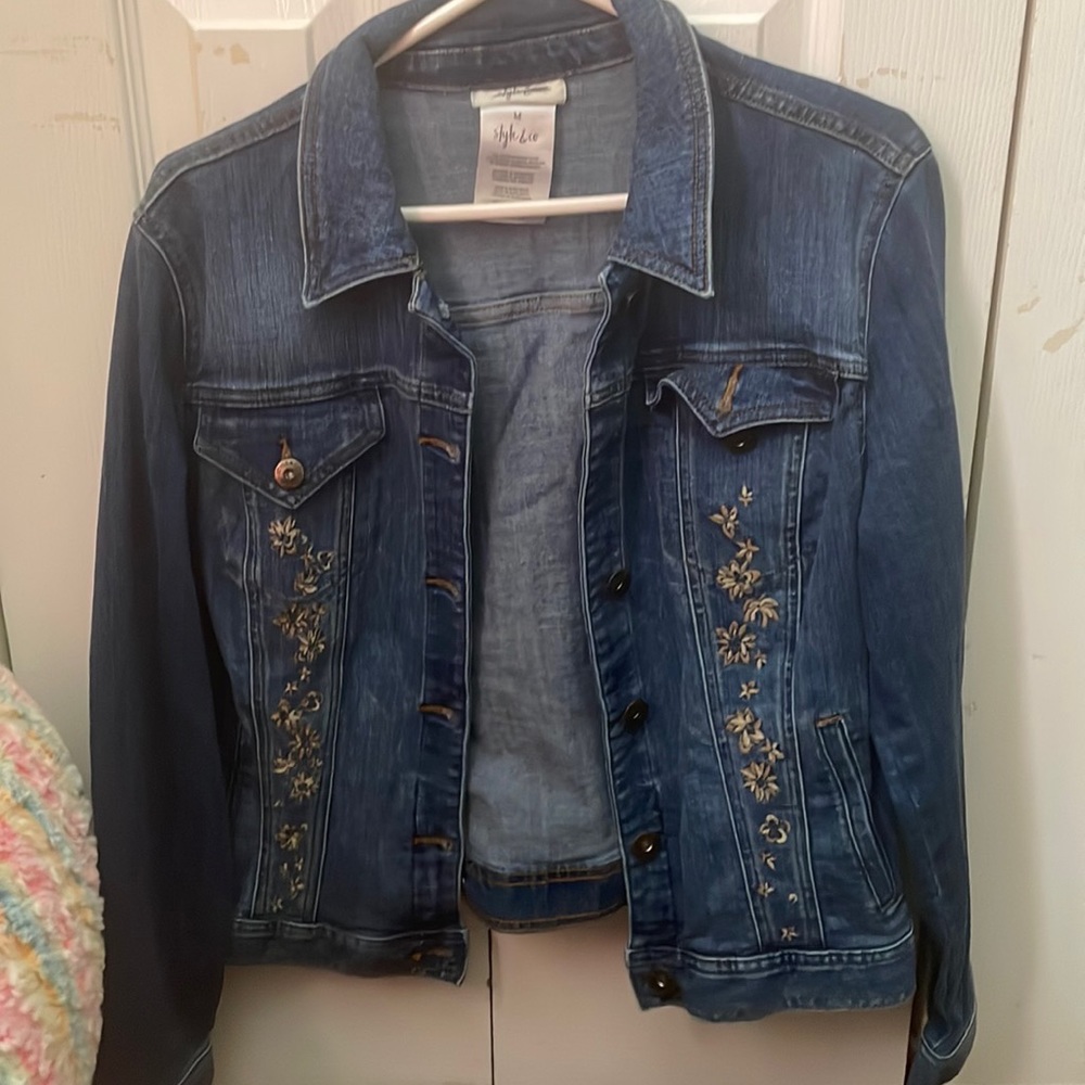 Style & Co Jean Jacket with brown flower detailing.